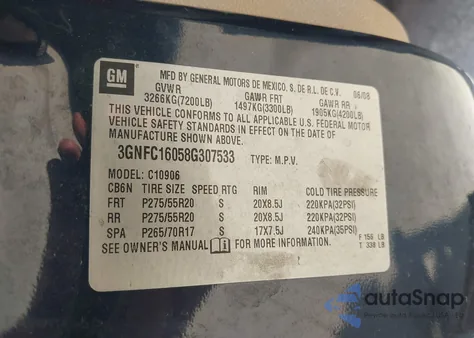 2008 Chevrolet Suburban 1500 Lt from USA, damaged, VIN 3GNFC16058G307533